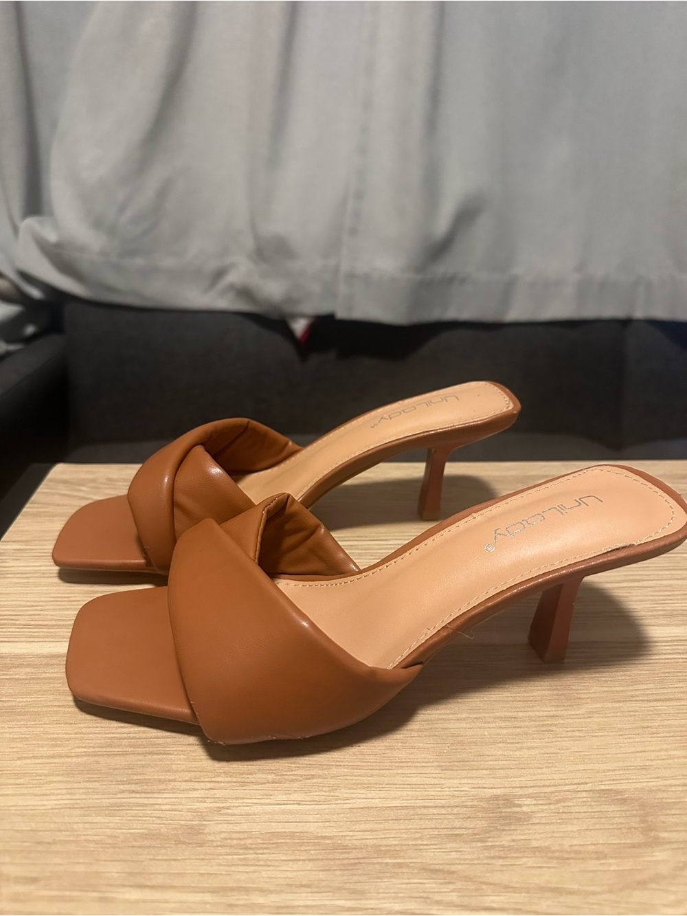 Tan Padded Slide Sandals with Kitten Heel